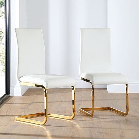 Perth Dining Chair, White Classic Faux Leather & Gold Steel