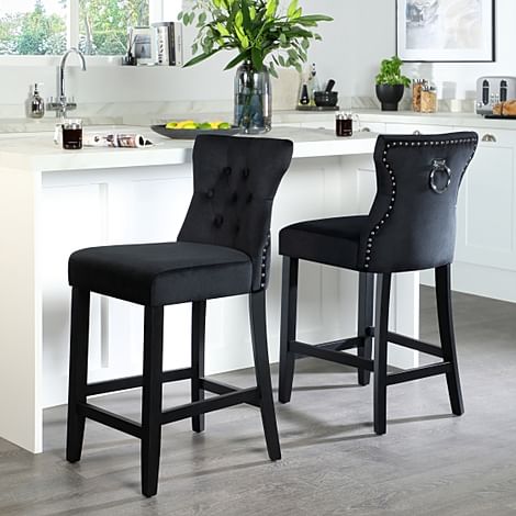 Belgrave Bar Stool, Black Classic Velvet & Black Solid Hardwood