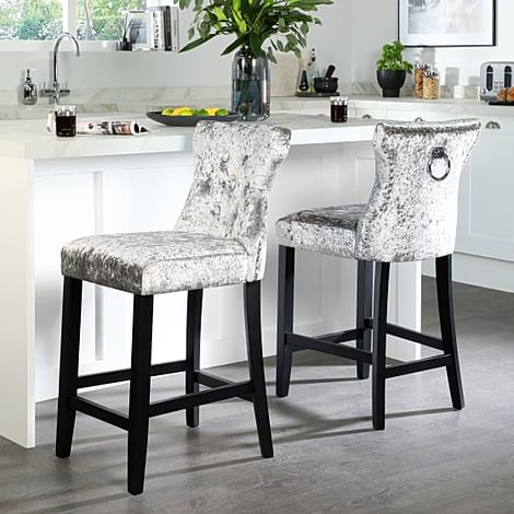 Belgrave Bar Stool, Silver Crushed Velvet & Black Solid Hardwood