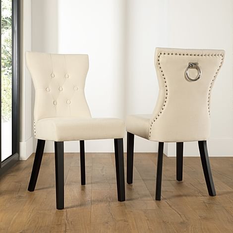 Kensington Dining Chair, Ivory Classic Plush Fabric & Black Solid Hardwood