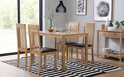 Milton Dining Table & 4 Oxford Chairs, Natural Oak Finished Solid Hardwood, Brown Classic Faux Leather, 120cm