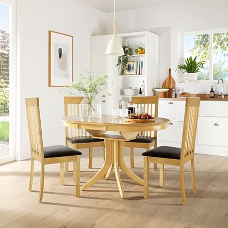 Hudson Round Extending Dining Table & 6 Oxford Chairs, Natural Oak Finished Solid Hardwood, Brown Classic Faux Leather, 90-120cm
