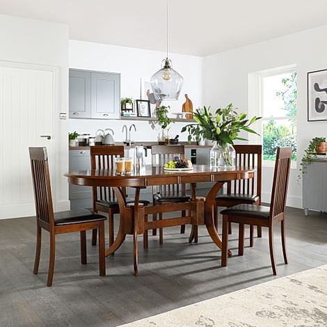 Townhouse Oval Extending Dining Table & 4 Oxford Chairs, Dark Solid Hardwood, Brown Classic Faux Leather, 150-180cm