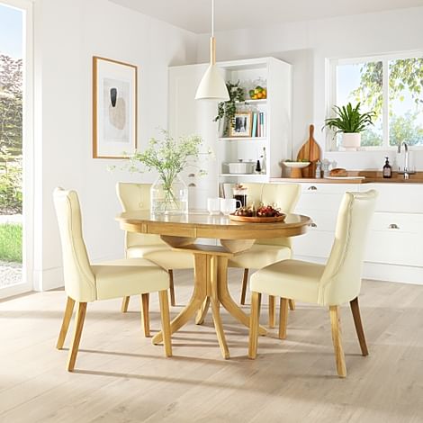 Hudson Round Extending Dining Table & 6 Bewley Chairs, Natural Oak Finished Solid Hardwood, Ivory Classic Faux Leather, 90-120cm