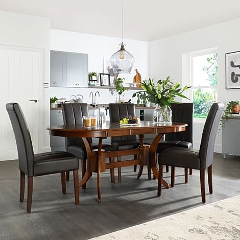 Townhouse Oval Extending Dining Table & 6 Carrick Chairs, Dark Solid Hardwood, Brown Classic Faux Leather, 150-180cm