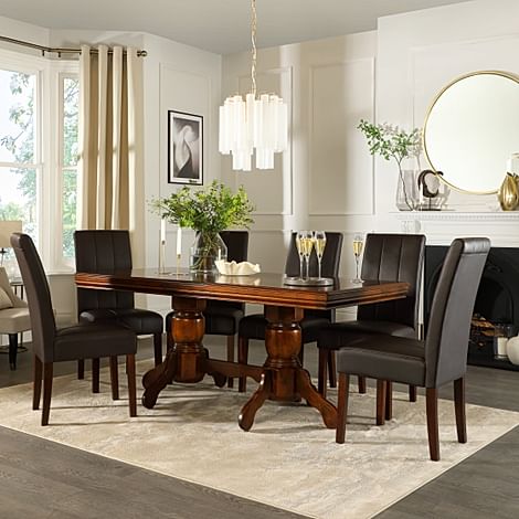 Chatsworth Extending Dining Table & 4 Carrick Chairs, Dark Solid Hardwood, Brown Classic Faux Leather, 150-180cm