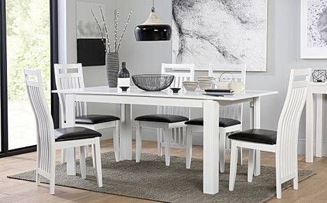Aspen Extending Dining Table & 6 Java Chairs, White Wood, Black Classic Faux Leather, 150-180cm