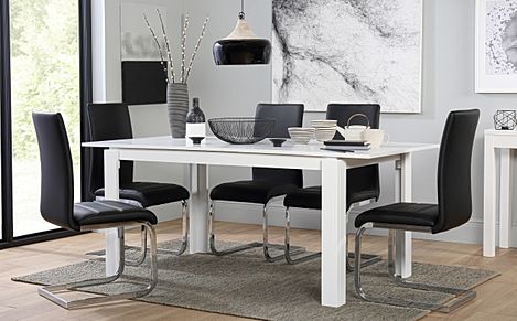Aspen Extending Dining Table & 6 Perth Chairs, White Wood, Black Classic Faux Leather, Chrome, 150-180cm