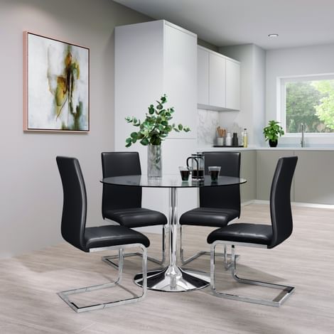 Orbit Round Dining Table & 4 Perth Chairs, Glass & Chrome, Black Classic Faux Leather, 110cm
