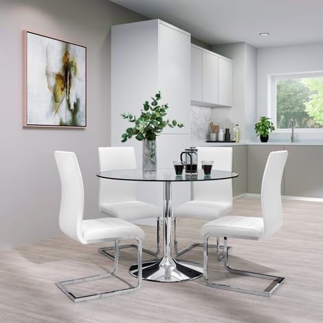 Orbit Round Chrome and Glass Dining Table with 4 Perth White Leather Chairs