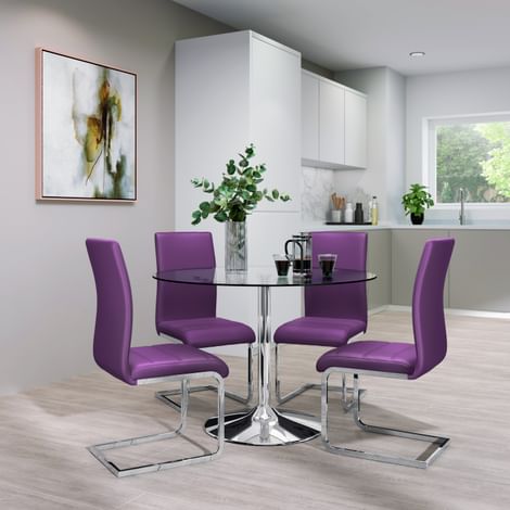 Orbit Round Dining Table & 4 Perth Chairs, Glass & Chrome, Purple Classic Faux Leather, 110cm