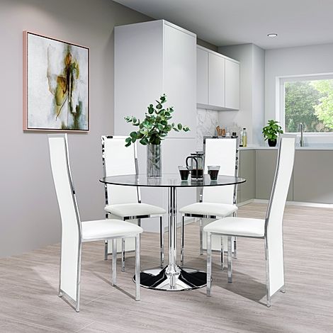 Orbit Round Dining Table & 4 Celeste Chairs, Glass & Chrome, White Classic Faux Leather, 110cm