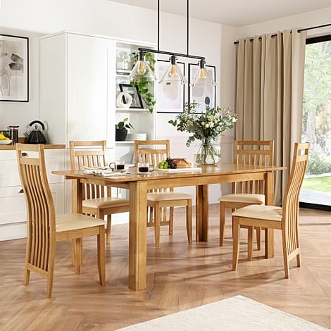 Bali Extending Dining Table & 4 Bali Chairs, Natural Oak Finished Solid Hardwood, Ivory Classic Faux Leather, 150-180cm