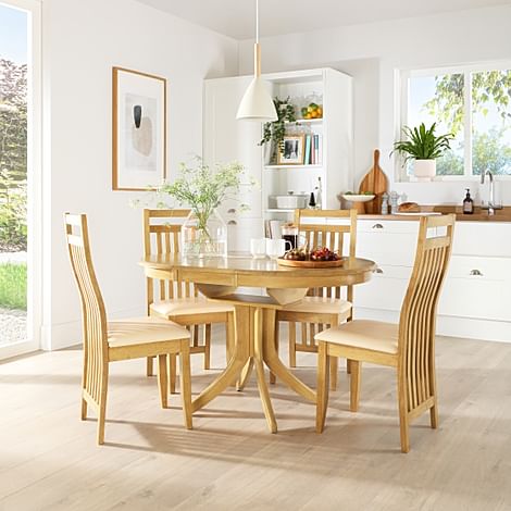 Hudson Round Extending Dining Table & 6 Bali Chairs, Natural Oak Finished Solid Hardwood, Ivory Classic Faux Leather, 90-120cm