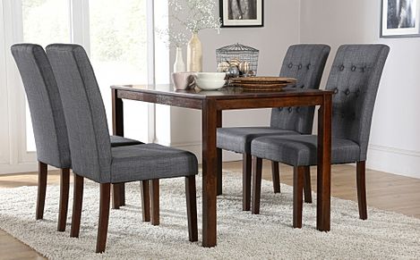 Milton Dining Table & 4 Regent Chairs, Dark Solid Hardwood, Slate Grey Classic Linen-Weave Fabric, 120cm