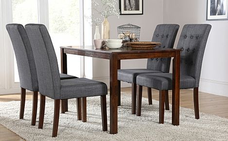 Milton Dining Table & 6 Regent Chairs, Dark Solid Hardwood, Slate Grey Classic Linen-Weave Fabric, 120cm