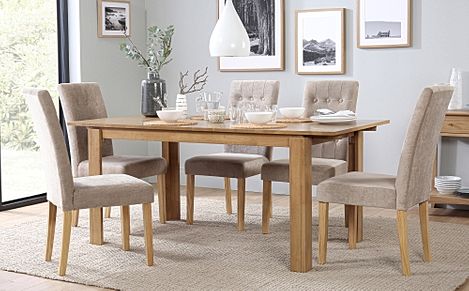 Bali Extending Dining Table & 4 Regent Chairs, Natural Oak Finished Solid Hardwood, Oatmeal Classic Linen-Weave Fabric, 150-180cm