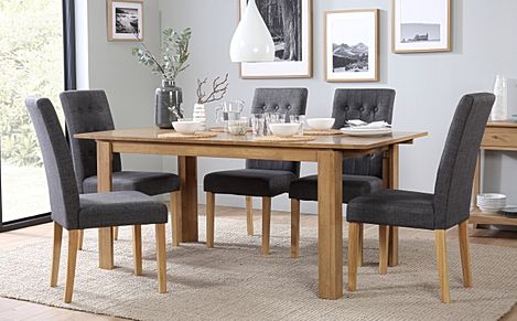 Bali Extending Dining Table & 4 Regent Chairs, Natural Oak Finished Solid Hardwood, Slate Grey Classic Linen-Weave Fabric, 150-180cm