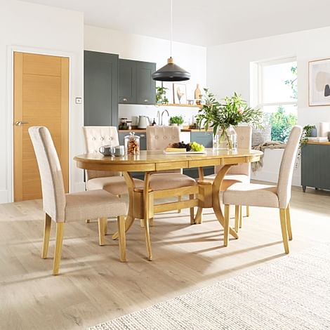 Townhouse Oval Extending Dining Table 6 Regent Chairs Natural Oak Finished Solid Hardwood Oatmeal Classic Linen Weave Fabric 150 180cm Only 749.99 Furniture Choice