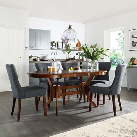 Townhouse Oval Extending Dining Table & 6 Bewley Chairs, Dark Solid Hardwood, Slate Grey Classic Linen-Weave Fabric, 150-180cm