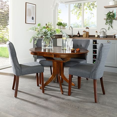 Hudson Round Dark Wood Extending Dining Table with 4 Bewley Slate Fabric Chairs