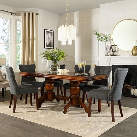 Chatsworth Extending Dining Table & 4 Bewley Chairs, Dark Solid Hardwood, Slate Grey Classic Linen-Weave Fabric, 150-180cm