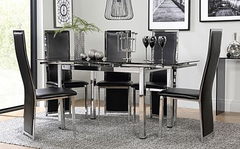Space Chrome and Black Glass Extending Dining Table with 6 Celeste Black Leather Chairs