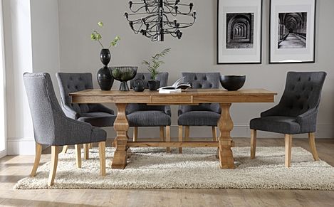 Cavendish Extending Dining Table & 6 Duke Chairs, Natural Oak Veneer & Solid Hardwood, Slate Grey Classic Linen-Weave Fabric & Natural Oak Finished Solid Hardwood, 160-200cm