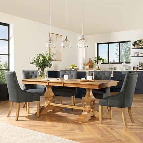 Cavendish Extending Dining Table & 6 Duke Chairs, Natural Oak Veneer & Solid Hardwood, Slate Grey Classic Linen-Weave Fabric & Natural Oak Finished Solid Hardwood, 160-200cm