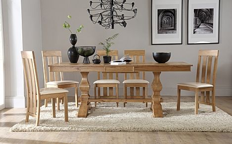 Cavendish Oak Extending Dining Table with 4 Chester Chairs (Ivory Leather Seat Pads)