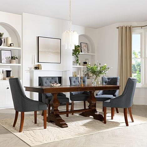 Cavendish Extending Dining Table & 4 Duke Chairs, Dark Oak Veneer & Solid Hardwood, Slate Grey Classic Linen-Weave Fabric & Dark Solid Hardwood, 160-200cm