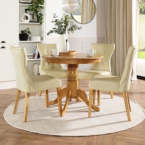 Kingston Round Dining Table & 4 Bewley Chairs, Natural Oak Finished Solid Hardwood, Ivory Classic Faux Leather, 90cm