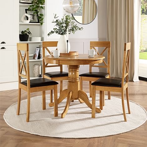 Kingston Round Dining Table & 4 Kendal Chairs, Natural Oak Finished Solid Hardwood, Brown Classic Faux Leather, 90cm