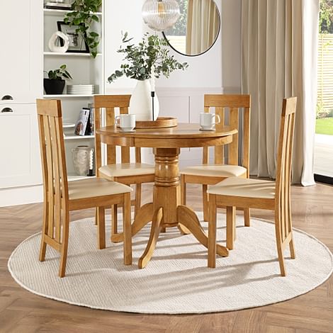 Kingston Round Dining Table & 4 Chester Chairs, Natural Oak Finished Solid Hardwood, Ivory Classic Faux Leather, 90cm