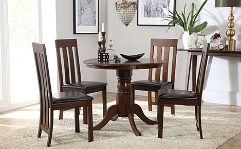 Kingston Round Dark Wood Dining Table with 4 Chester Chairs (Brown Leather Seat Pads)