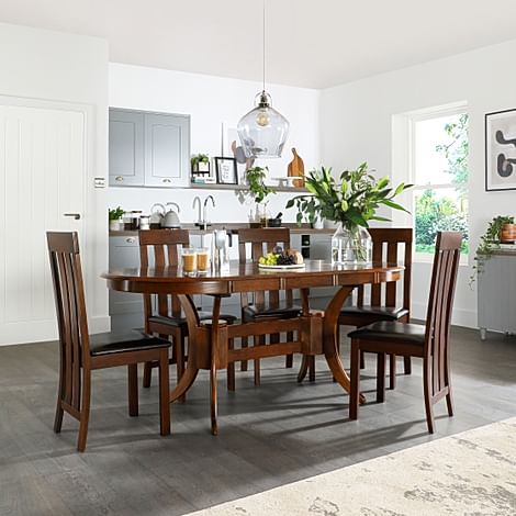 Townhouse Oval Extending Dining Table & 4 Chester Chairs, Dark Solid Hardwood, Brown Classic Faux Leather, 150-180cm