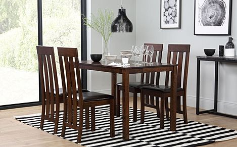 Milton Dining Table & 4 Chester Chairs, Dark Solid Hardwood, Brown Classic Faux Leather, 120cm