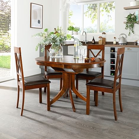 Hudson Round Dark Wood Extending Dining Table with 6 Kendal Chairs (Brown Leather Seat Pads)