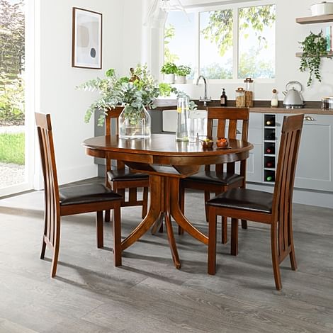 Hudson Round Extending Dining Table & 6 Chester Chairs, Dark Solid Hardwood, Brown Classic Faux Leather, 90-120cm