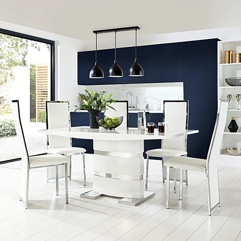 Komoro Dining Table & 6 Celeste Chairs, White High Gloss & Chrome, White Classic Faux Leather, 160cm
