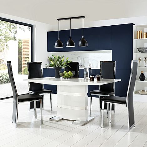 Komoro Dining Table & 6 Celeste Chairs, White High Gloss & Chrome, Black Classic Faux Leather, 160cm