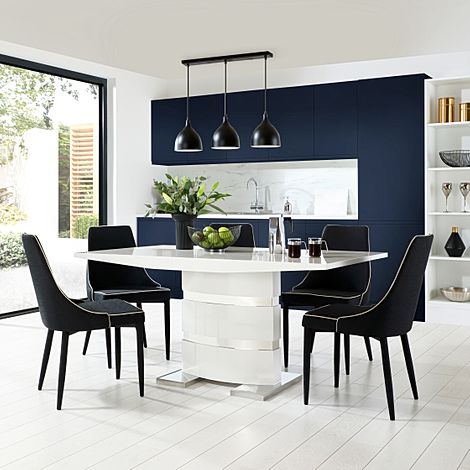 Komoro Dining Table & 6 Modena Chairs, White High Gloss & Chrome, Black Classic Linen-Weave Fabric, 160cm