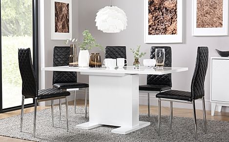 Osaka White High Gloss Extending Dining Table with 6 Renzo Black Leather Chairs
