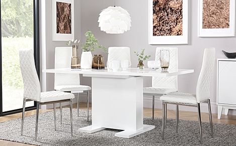 Osaka White High Gloss Extending Dining Table with 4 Renzo White Leather Chairs