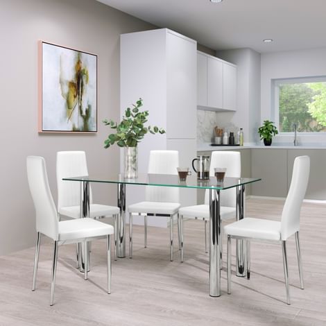 Lunar Dining Table & 4 Leon Chairs, Glass & Chrome, White Classic Faux Leather, 140cm