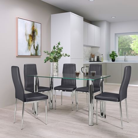 Lunar Dining Table & 4 Leon Chairs, Glass & Chrome, Grey Classic Faux Leather, 140cm