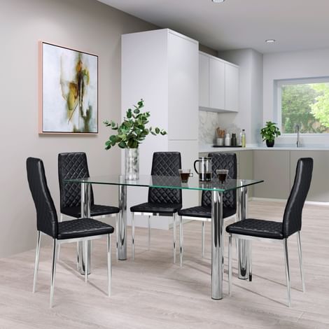 Lunar Chrome and Glass Dining Table with 4 Renzo Black Leather Chairs