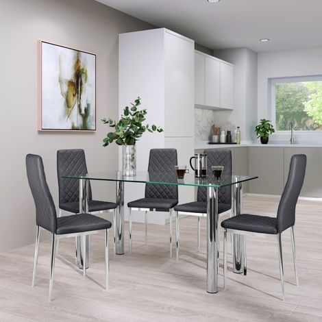 Lunar Chrome and Glass Dining Table with 4 Renzo Grey Leather Chairs