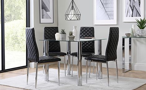 Nova Square Dining Table & 4 Renzo Chairs, Glass & Chrome, Black Classic Faux Leather, 90cm