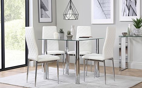 Nova Square Dining Table & 4 Renzo Chairs, Glass & Chrome, White Classic Faux Leather, 90cm